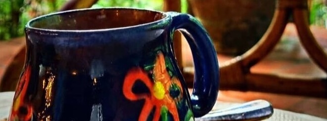 Coffee mug with garden in background
